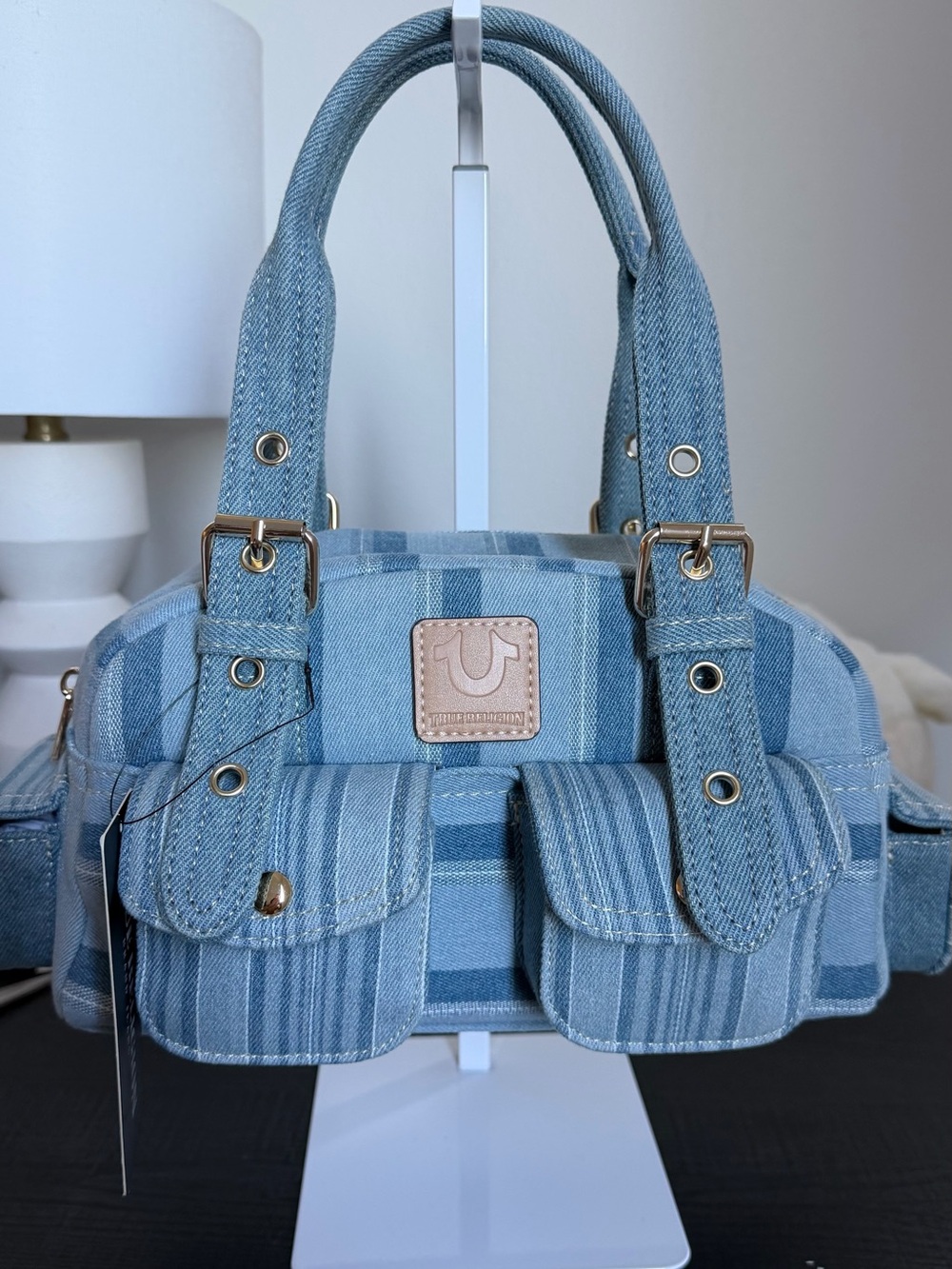 True Religion Light Blue Plaid Denim Multi-Pocket Top Handle Bag NWT